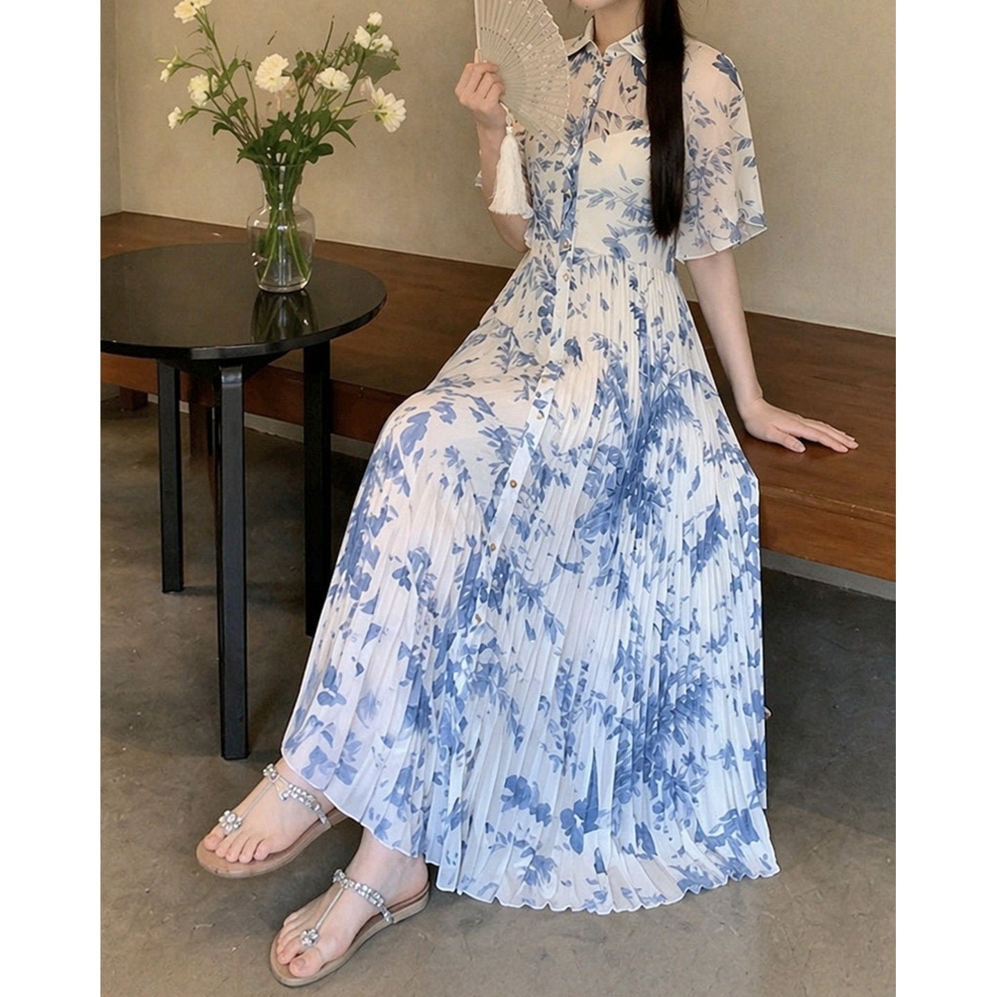 ノーブル・インクフローラルプリーツワンピース