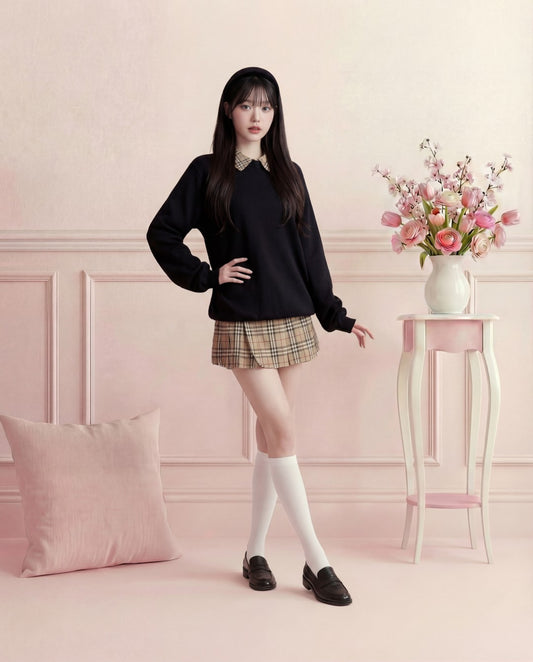 チェック襟付きフェイクレイヤードプルオーバー