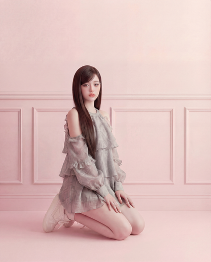 オープンショルダー ティアードフリル シフォンブラウス