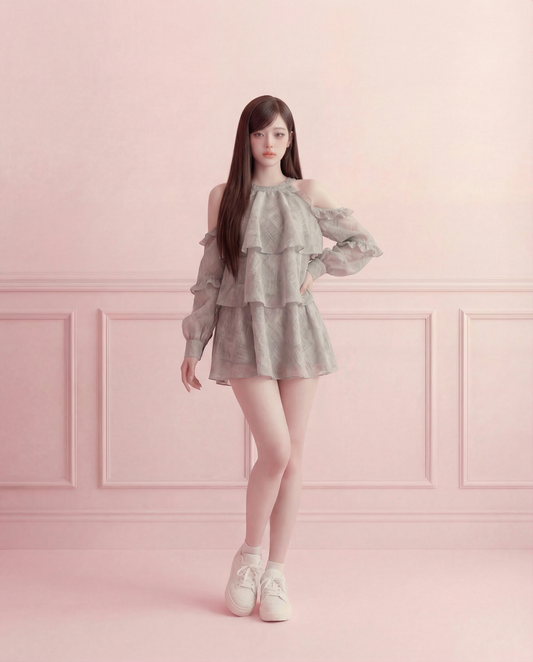 オープンショルダー ティアードフリル シフォンブラウス