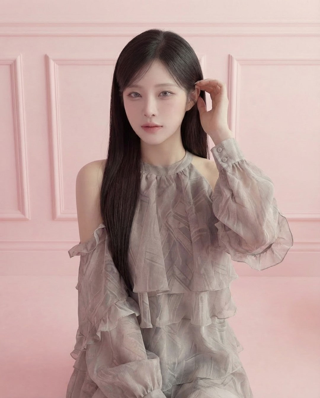 オープンショルダー ティアードフリル シフォンブラウス