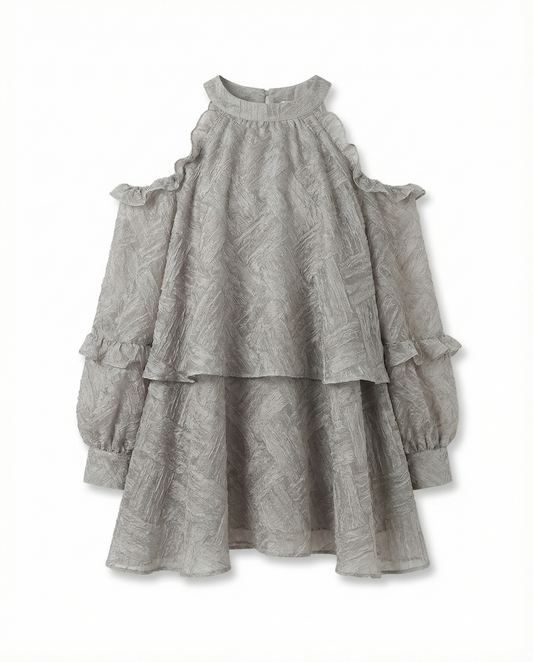 オープンショルダー ティアードフリル シフォンブラウス