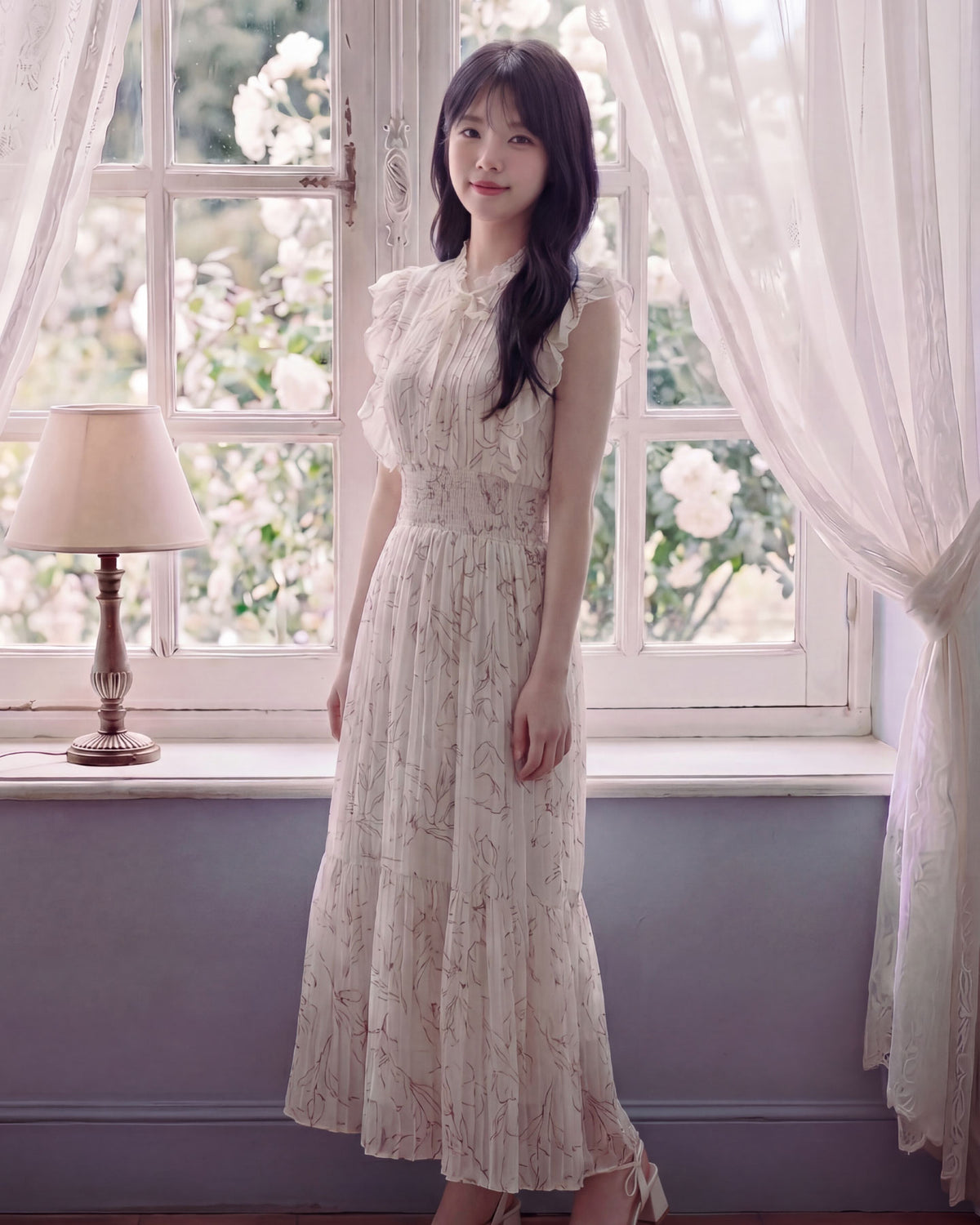水彩花柄フリルスリーブ・プリーツロングワンピース