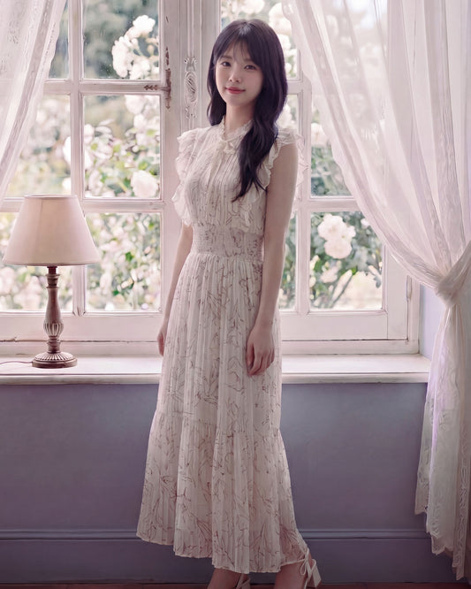 水彩花柄フリルスリーブ・プリーツロングワンピース