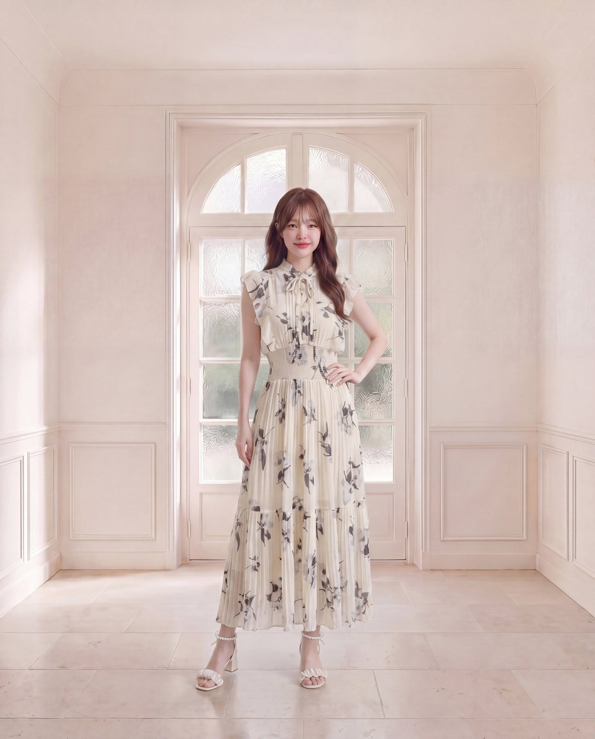 水彩花柄フリルスリーブ・プリーツロングワンピース