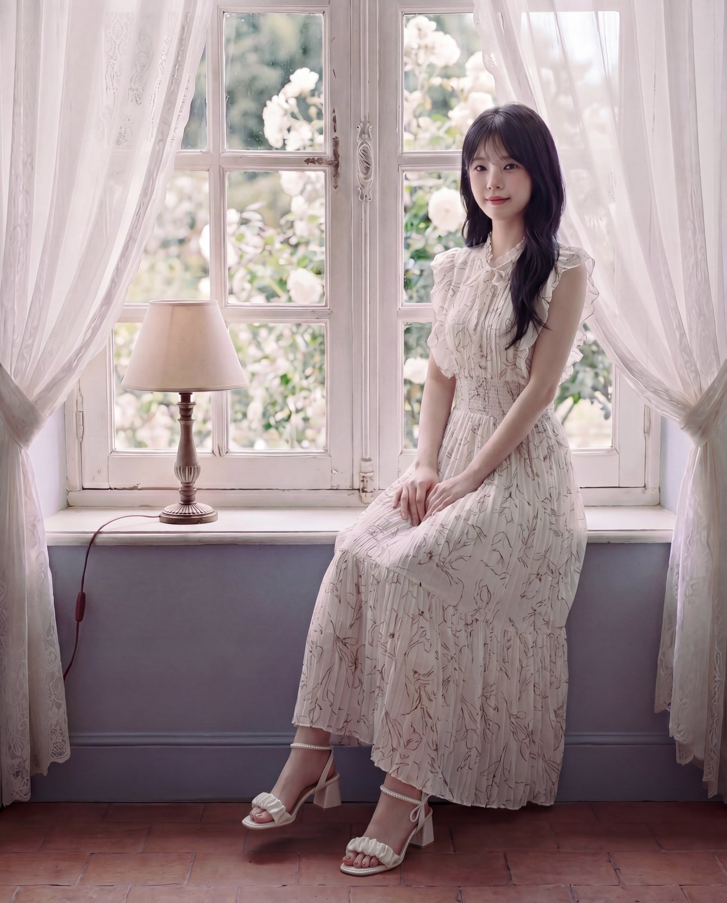 水彩花柄フリルスリーブ・プリーツロングワンピース