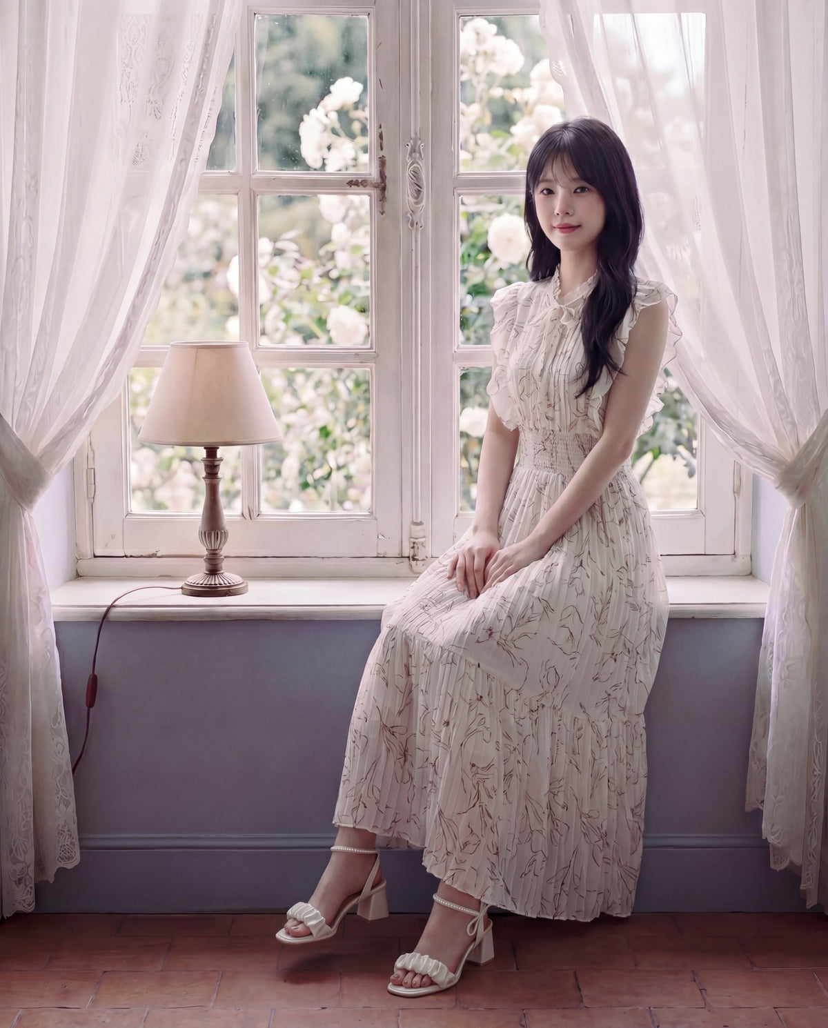 水彩花柄フリルスリーブ・プリーツロングワンピース