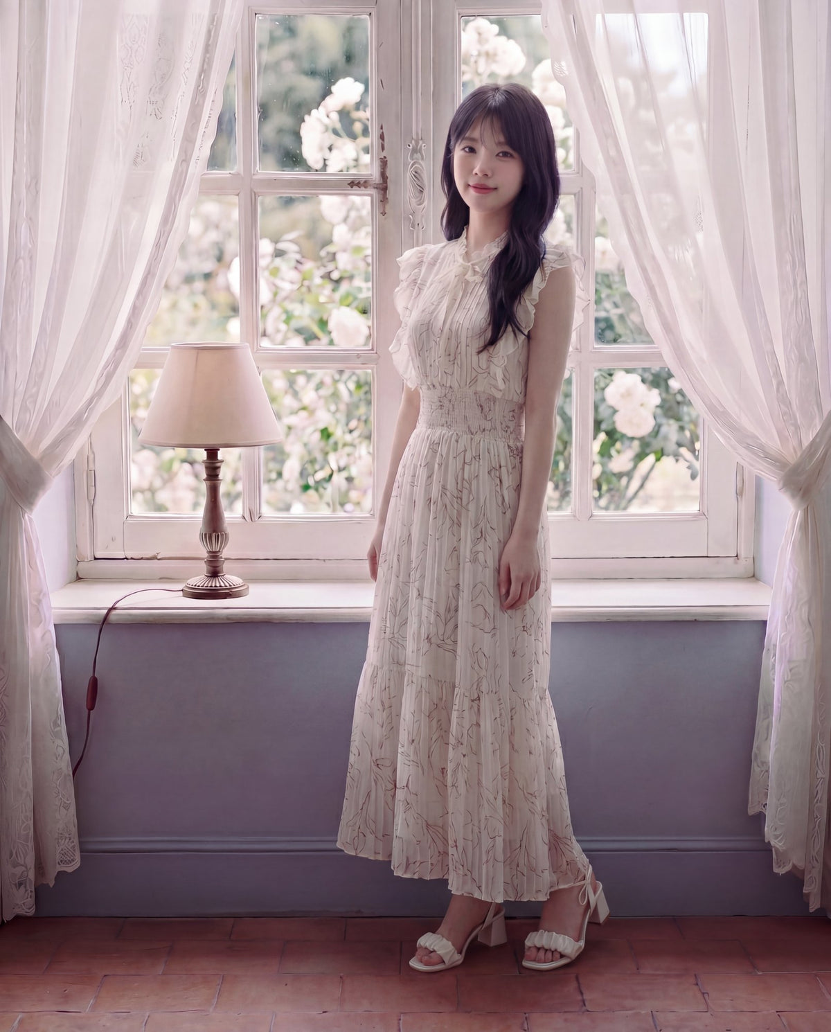 水彩花柄フリルスリーブ・プリーツロングワンピース
