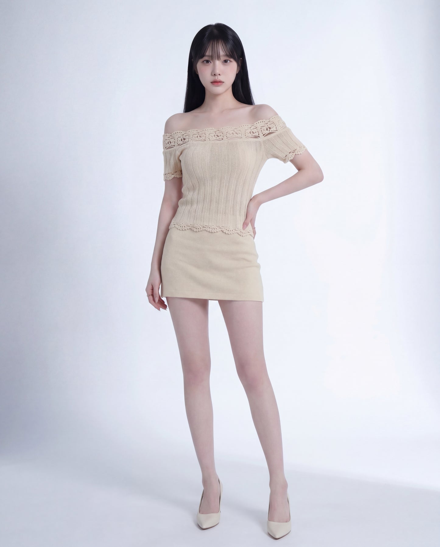 フレンチ・立体クロシェオフショルニット