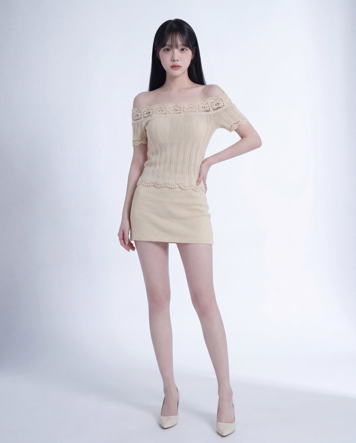 フレンチ・立体クロシェオフショルニット