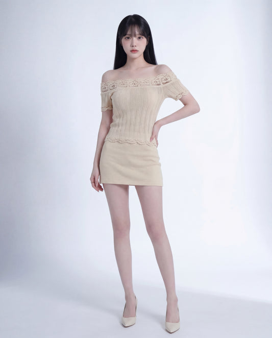 フレンチ・立体クロシェオフショルニット