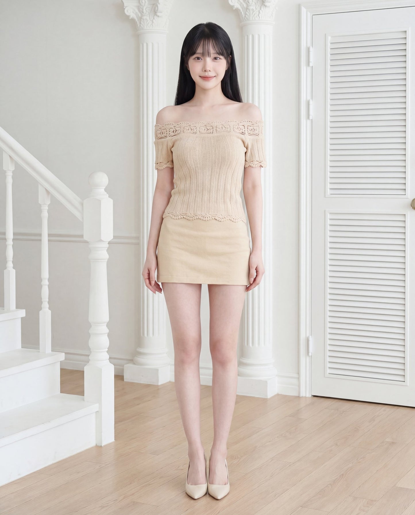 フレンチ・立体クロシェオフショルニット