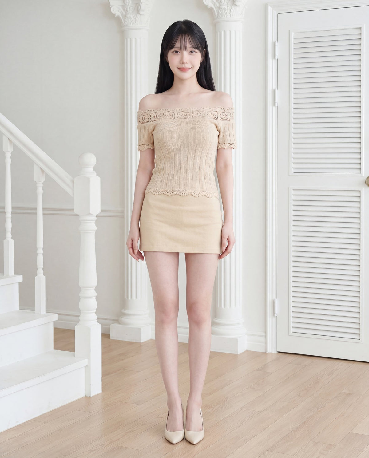 フレンチ・立体クロシェオフショルニット
