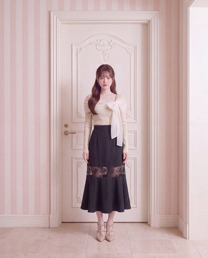 フェミニンシフォンリボン・オフショルダーニット