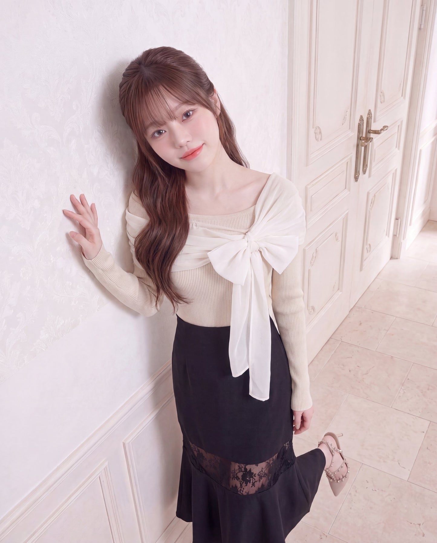 フェミニンシフォンリボン・オフショルダーニット