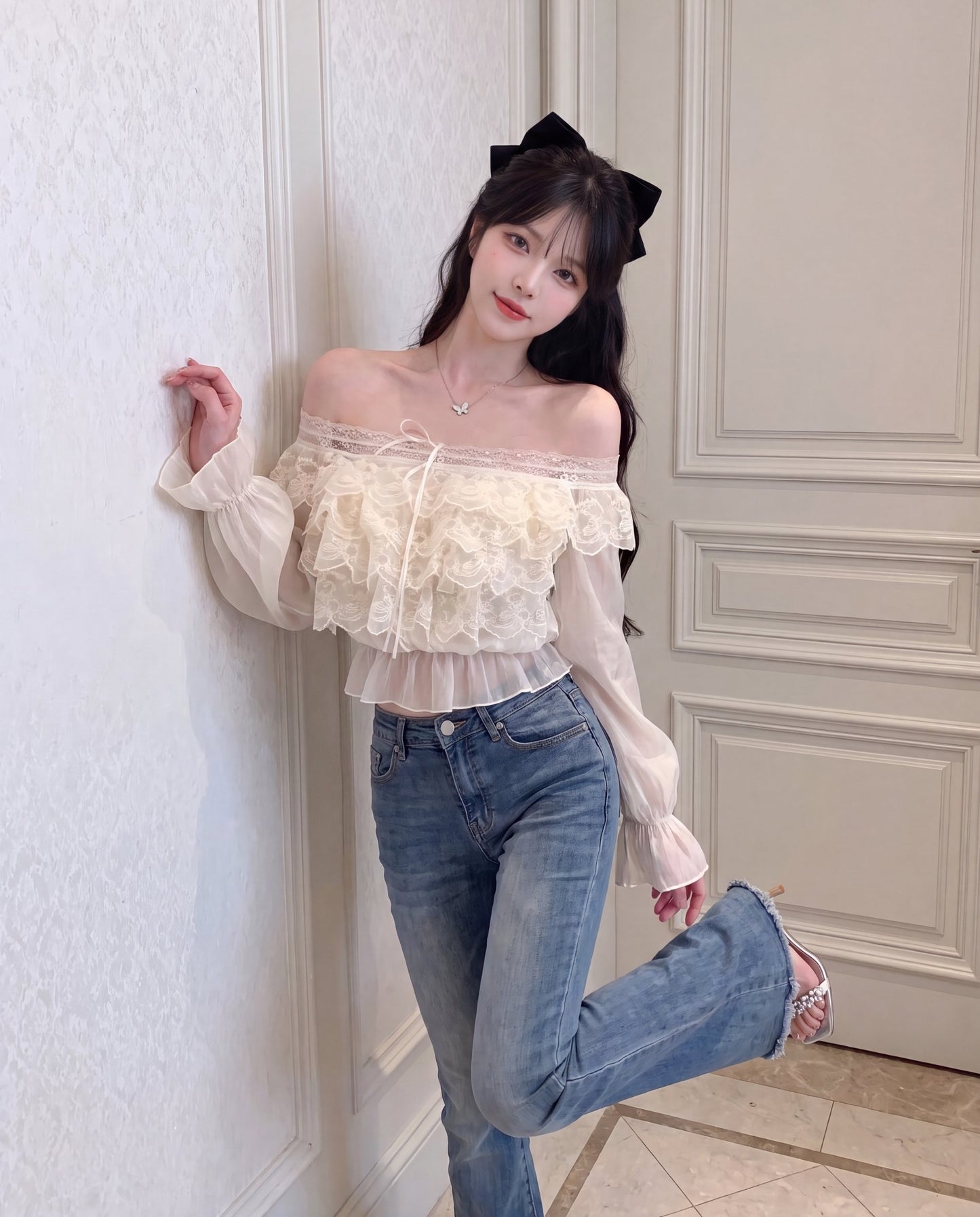 フリル花柄レース オフショルダー シフォンブラウス