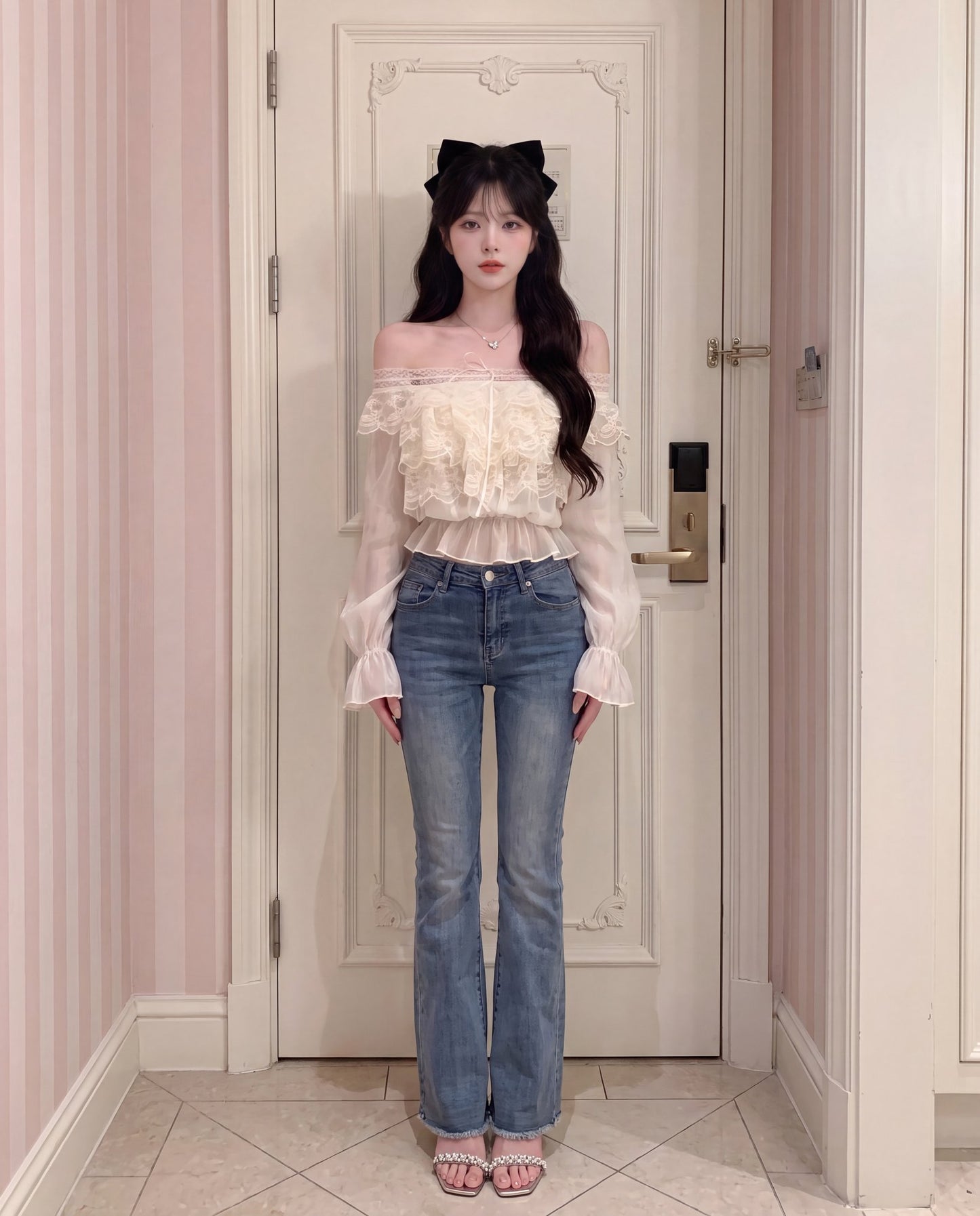 フリル花柄レース オフショルダー シフォンブラウス