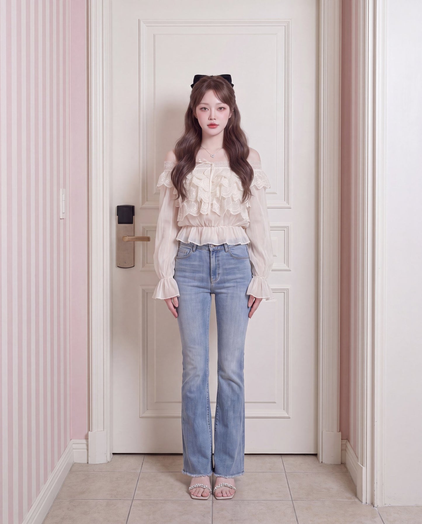 フリル花柄レース オフショルダー シフォンブラウス
