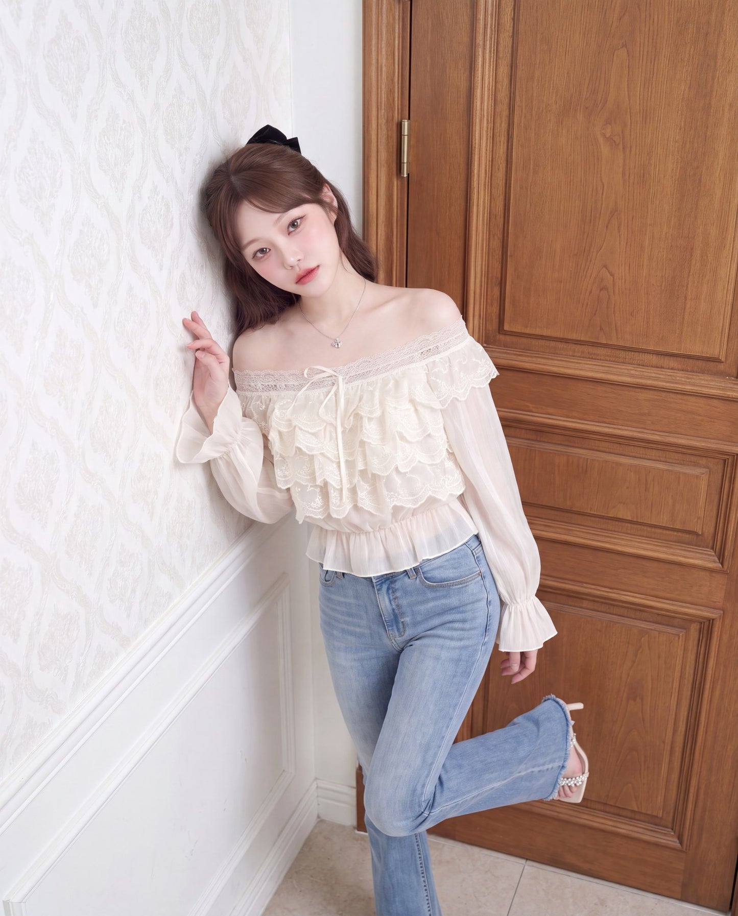 フリル花柄レース オフショルダー シフォンブラウス