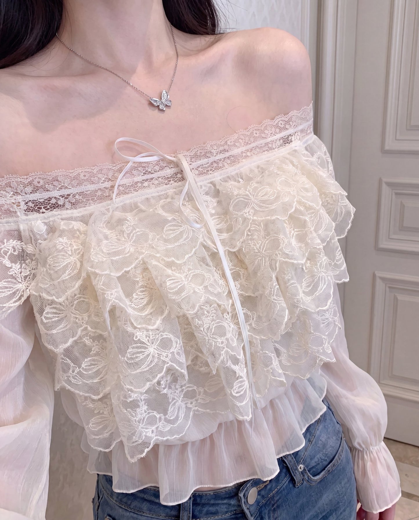 フリル花柄レース オフショルダー シフォンブラウス