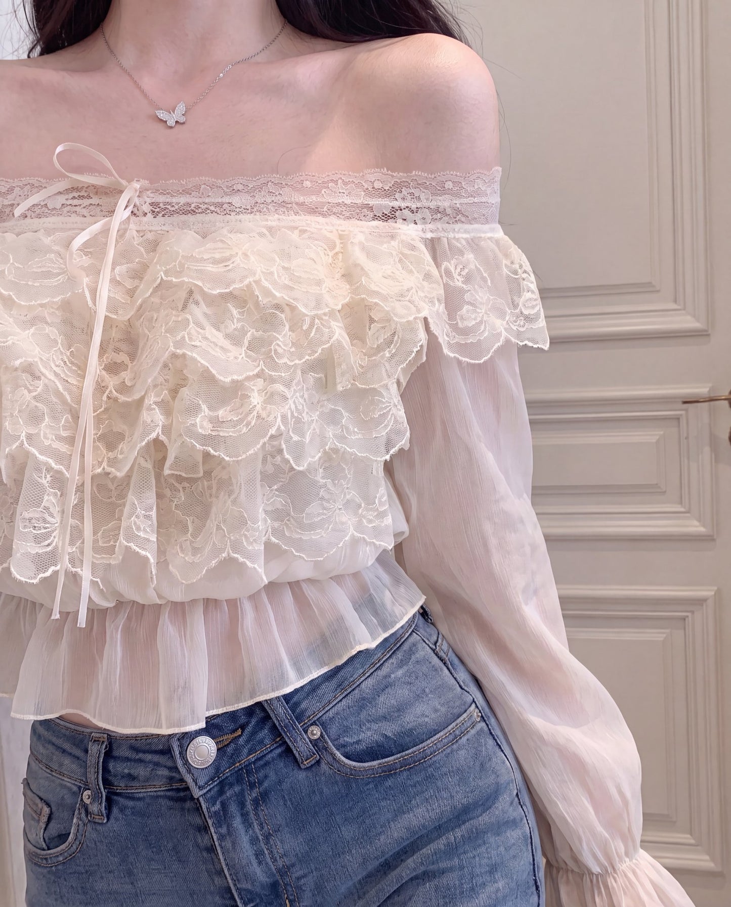 フリル花柄レース オフショルダー シフォンブラウス