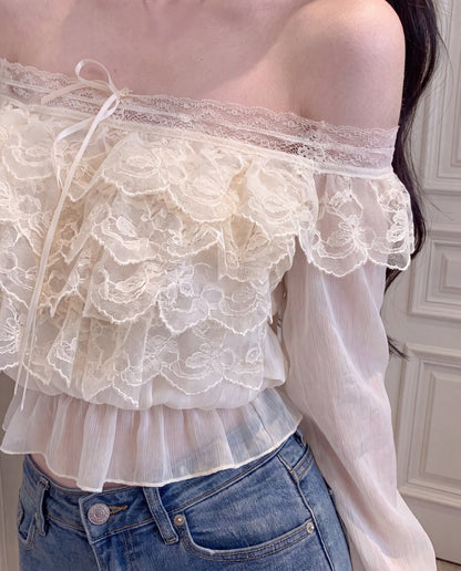 フリル花柄レース オフショルダー シフォンブラウス