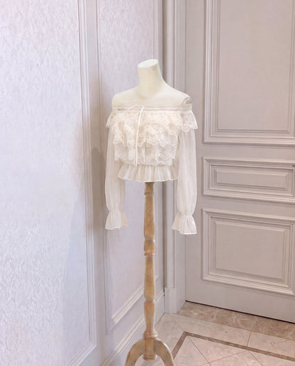 フリル花柄レース オフショルダー シフォンブラウス
