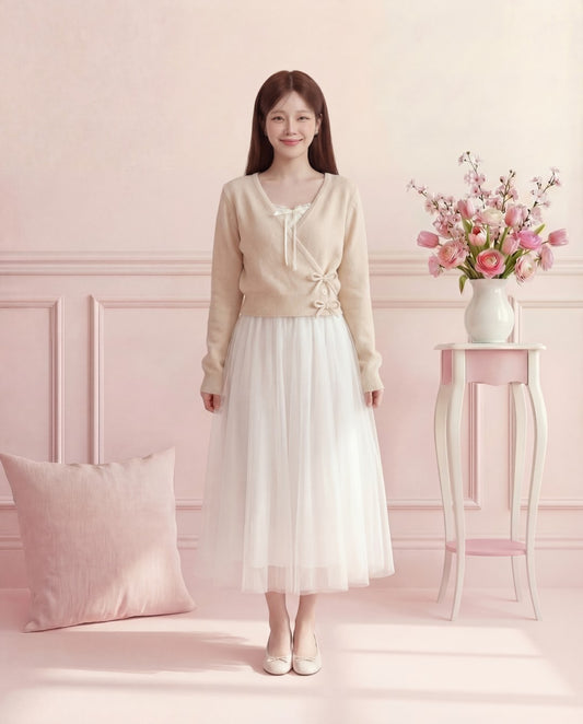 カシュクールリボンニット×チュールレイヤードワンピース