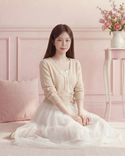 カシュクールリボンニット×チュールレイヤードワンピース