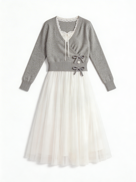 カシュクールリボンニット×チュールレイヤードワンピース