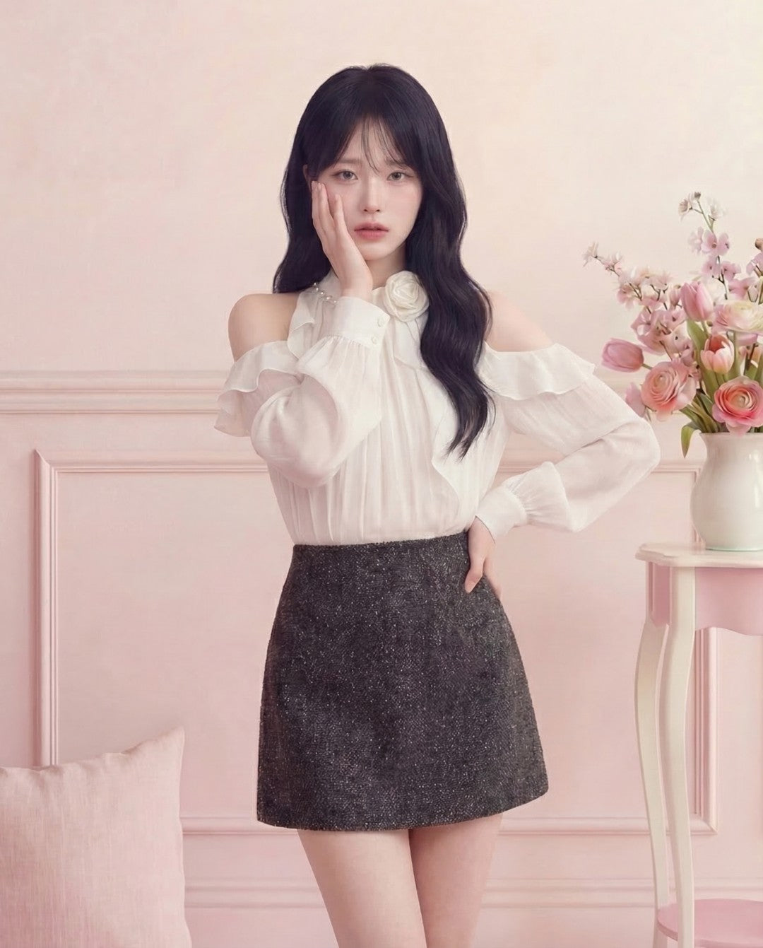 3Dフラワーモチーフ テンセルブレンド オフショルダーブラウス