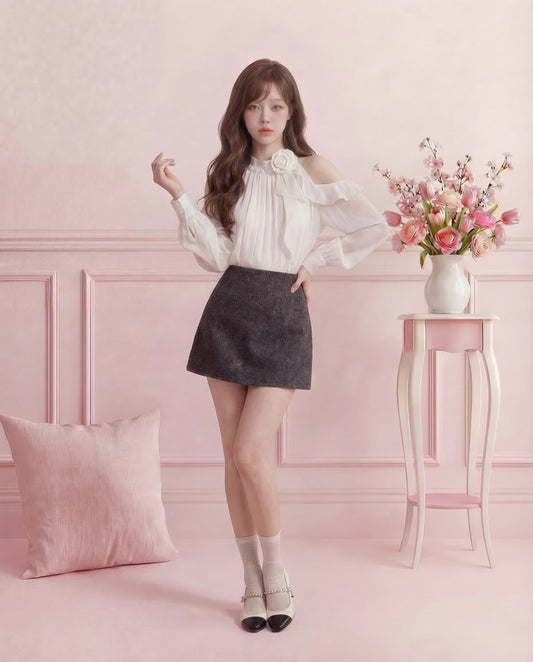 3Dフラワーモチーフ テンセルブレンド オフショルダーブラウス