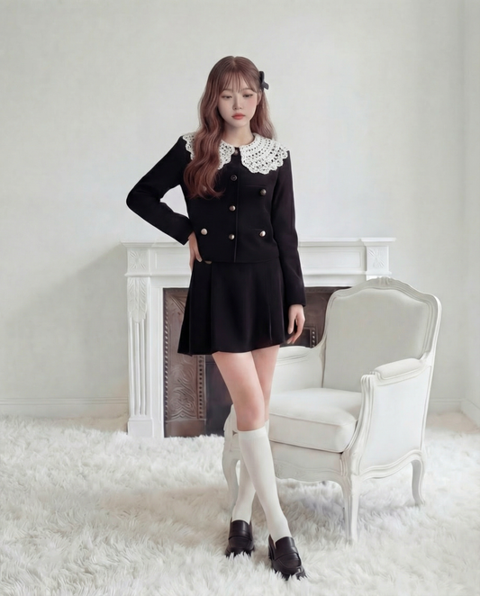 レース襟ダブルボタンベルベットジャケット