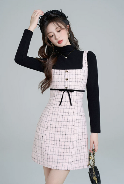 ピンクツイード・リボンミニワンピース