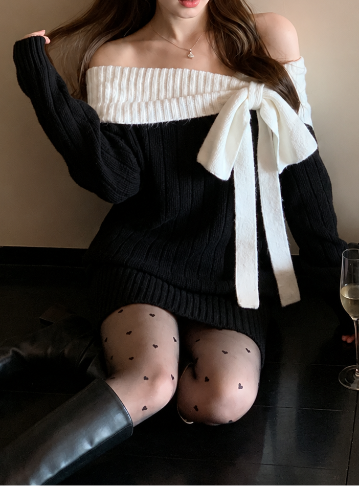 モノトーン・オフショルリボンワンピ