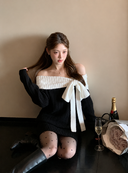モノトーン・オフショルリボンワンピ