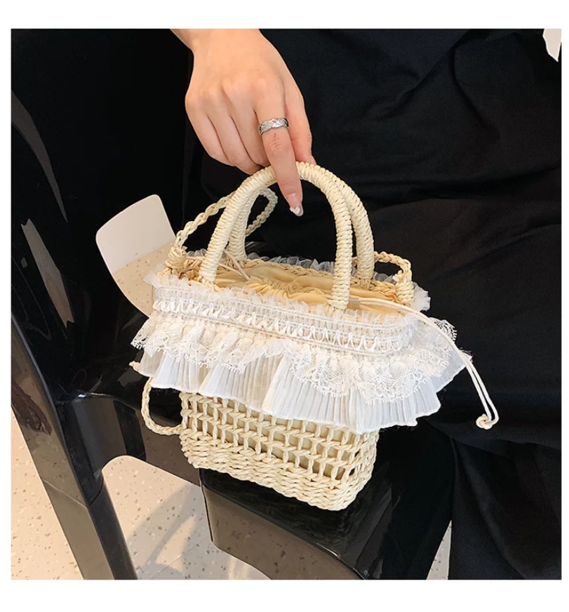 レースフリル ストローバケツバッグ 2WAY ショルダーバッグ
