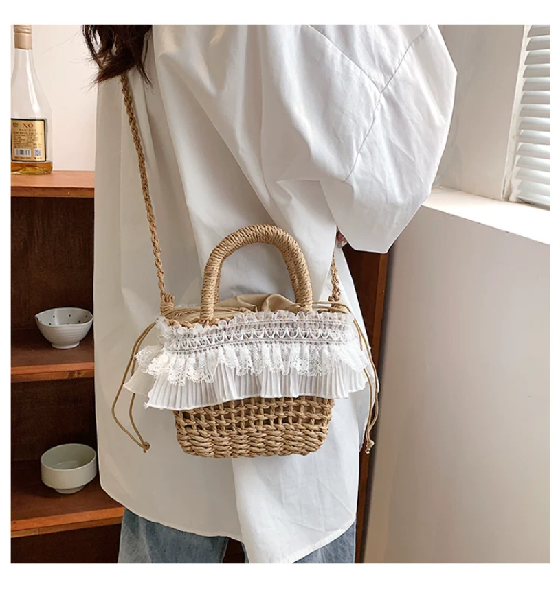 レースフリル ストローバケツバッグ 2WAY ショルダーバッグ