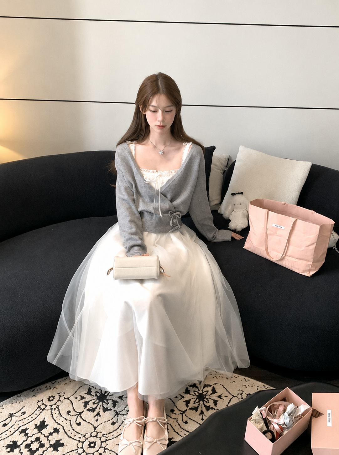 カシュクールリボンニット×チュールレイヤードワンピース