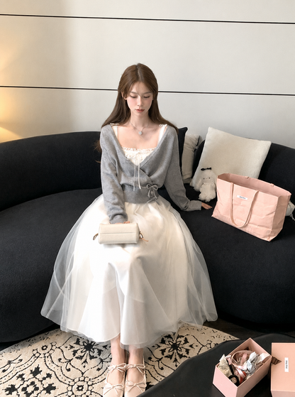 カシュクールリボンニット×チュールレイヤードワンピース