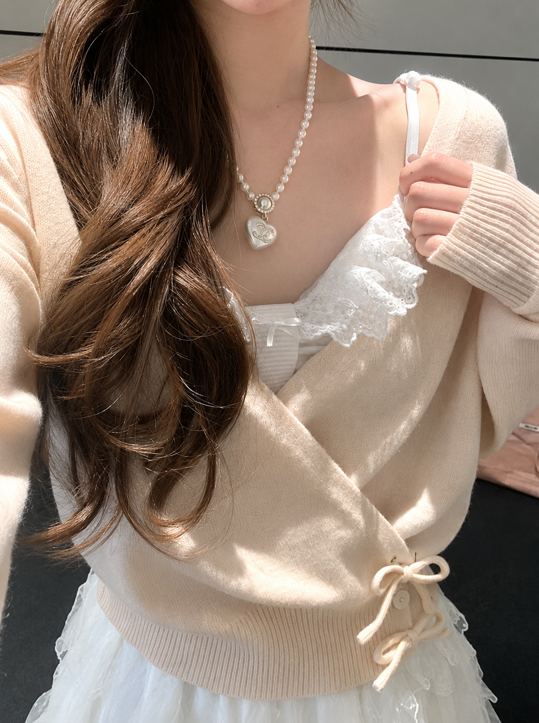 カシュクールリボンニット×チュールレイヤードワンピース