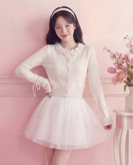 【バレエコアシリーズ】立体フラワー襟 ショートニットカーディガン