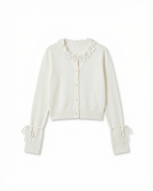 【バレエコアシリーズ】立体フラワー襟 ショートニットカーディガン