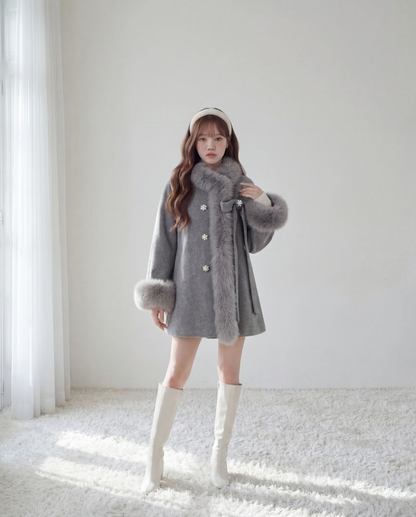 ビジューリボン・ファーコート/アイスブルー・ベビーピンク・フレンチグレー