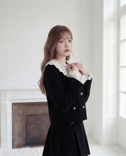 レース襟ダブルボタンベルベットジャケット