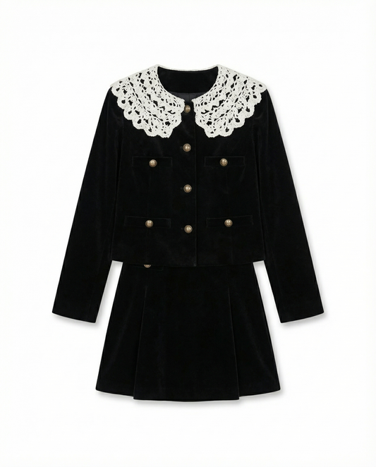 レース襟ダブルボタンベルベットジャケット