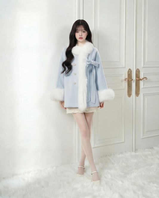 ビジューリボン・ファーコート/アイスブルー・ベビーピンク・フレンチグレー