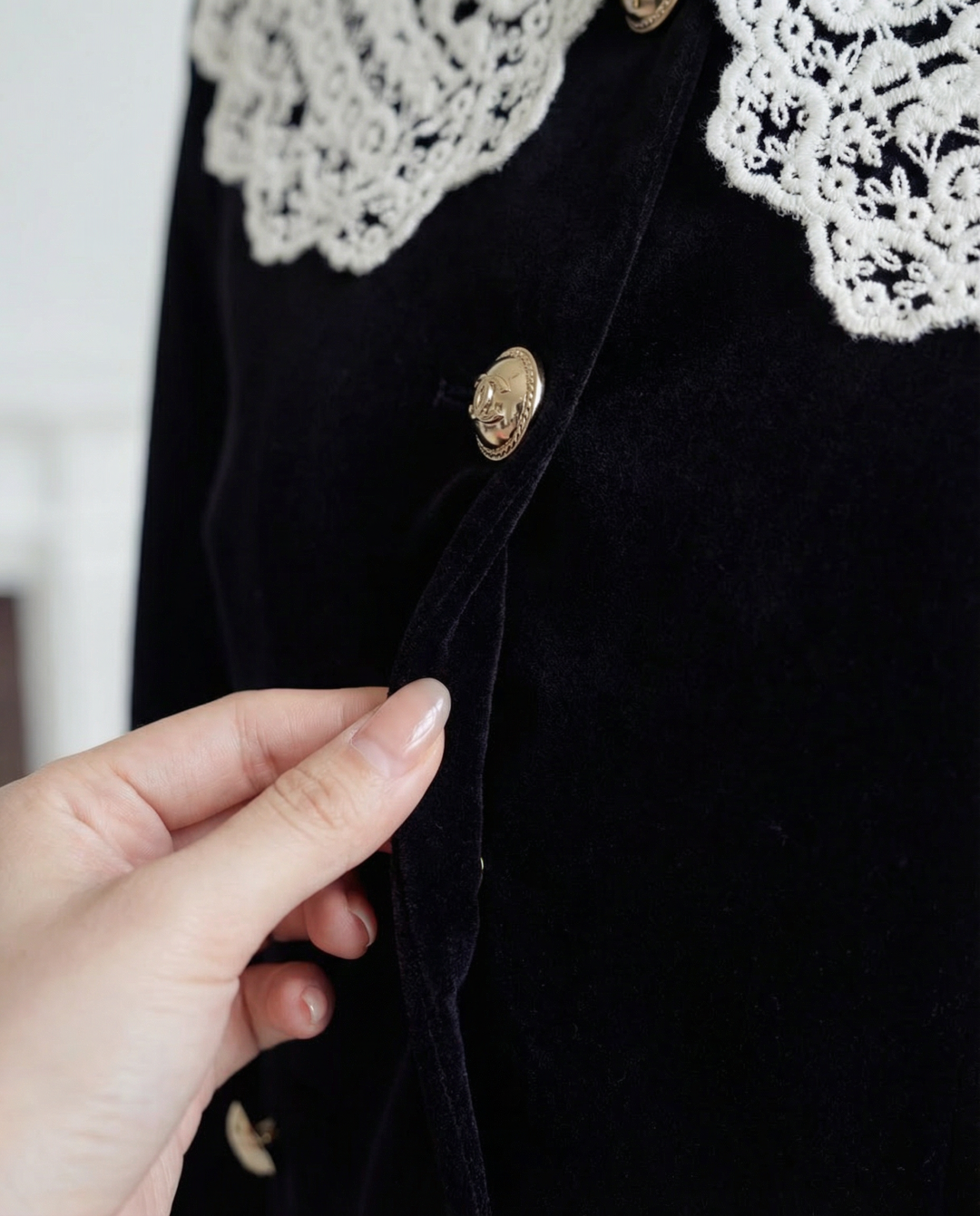レース襟ダブルボタンベルベットジャケット