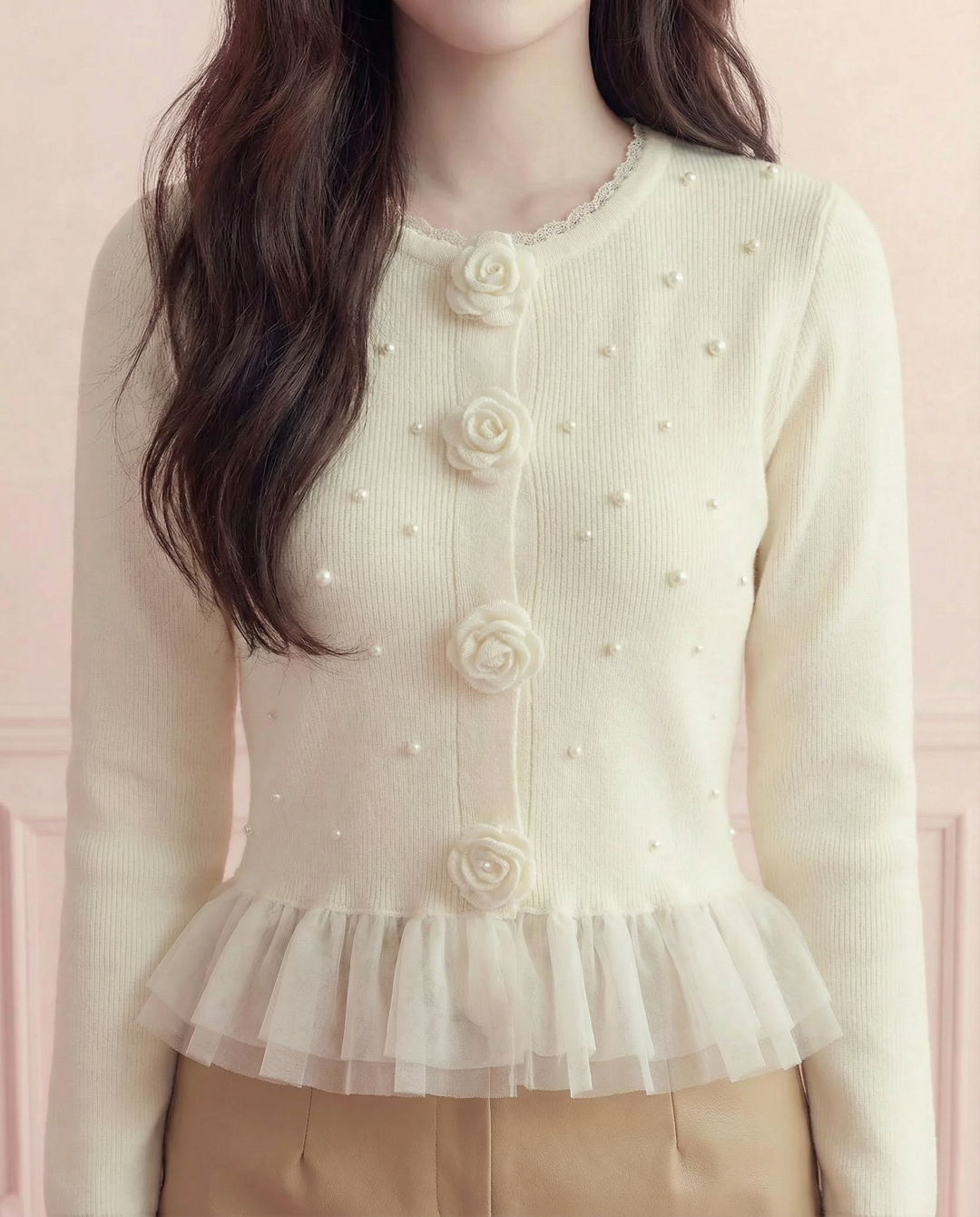 コサージュローズ・チュールフリルカーディガン