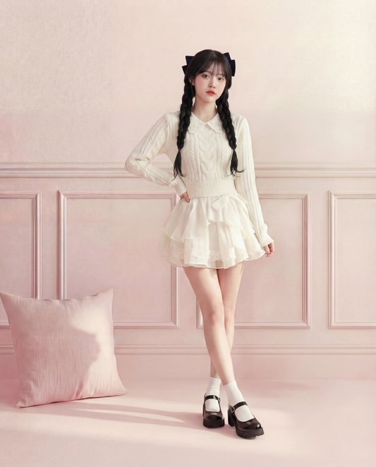 ビジューペタルカラー・ふんわりケーブルニット